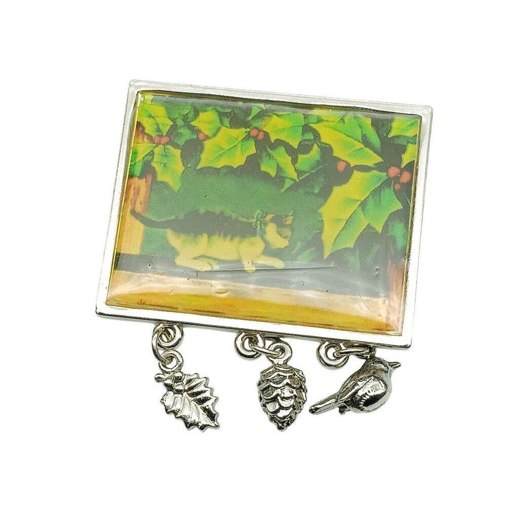 Vintage Christmas Cat and Holly Brooch with Dangling Charms Marjorie Bastin